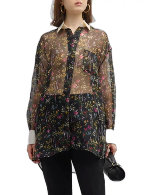 Marocco Floral-Print Chiffon Collared Tunic Shirt