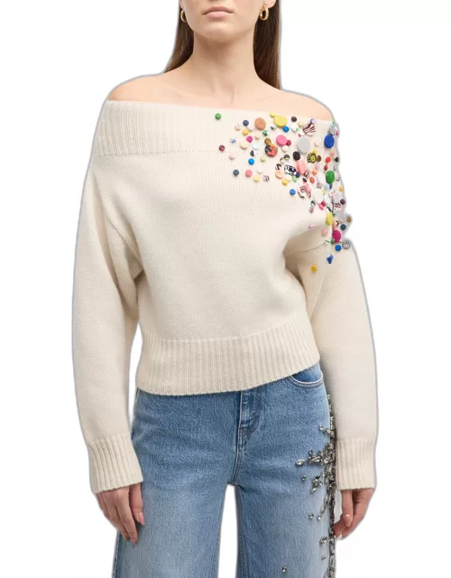 Bruno Button Embellished Off-Shoulder Wool Cashmere Sweater