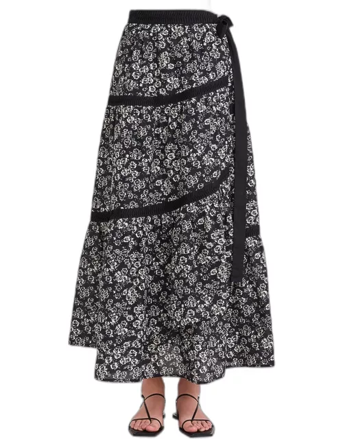 Floral-Print Pleated-Trim A-Line Maxi Skirt