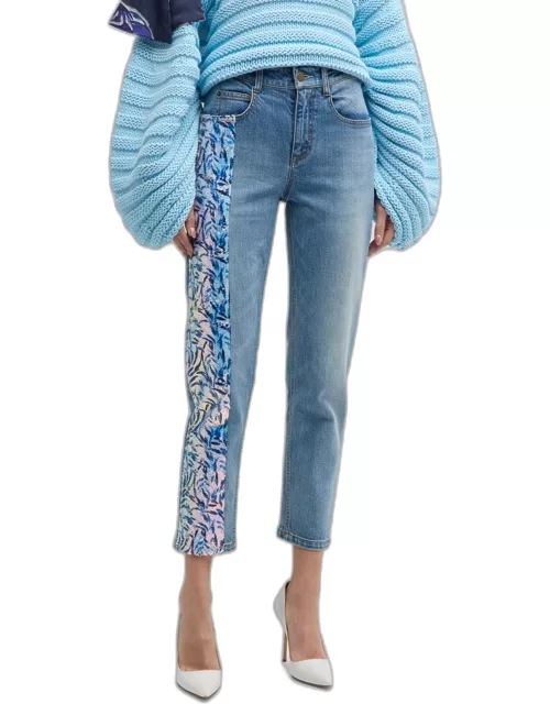 Lily Sequin Chenille Paneled Skinny-Leg Ankle Jean