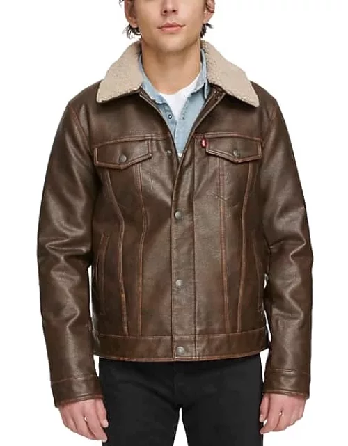 Levi's Men's Modern Fit Faux Leather Trucker Jacket with Removable Sherpa Collar Brown
