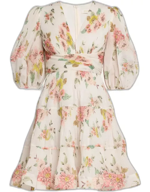Floral Pleated Puff-Sleeve Mini Dres