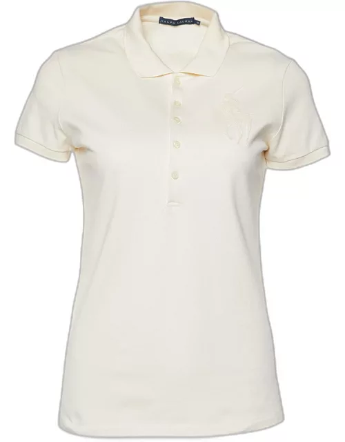 Ralph Lauren Cream Cotton Pique Beaded Logo Detail Polo T-Shirt
