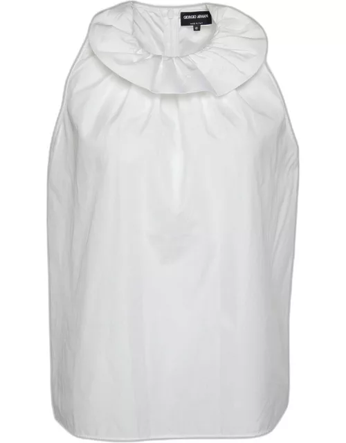 Giorgio Armani White Cotton Ruffle Neck Sleeveless Top