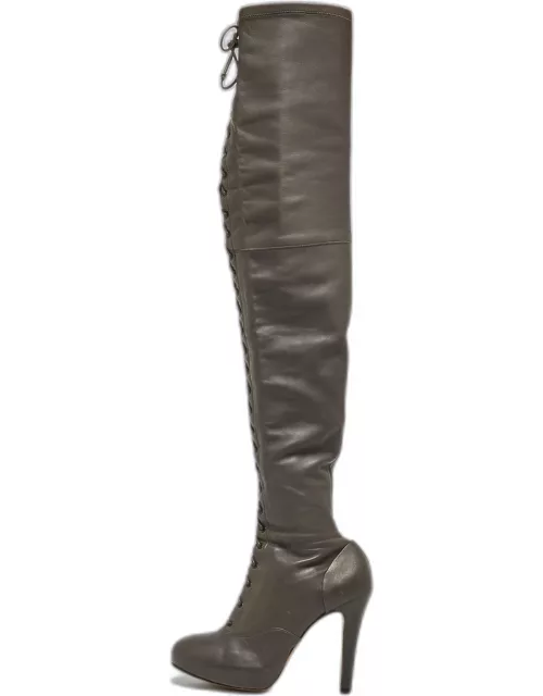 Etro Grey Leather Lace Up Thigh High Boot