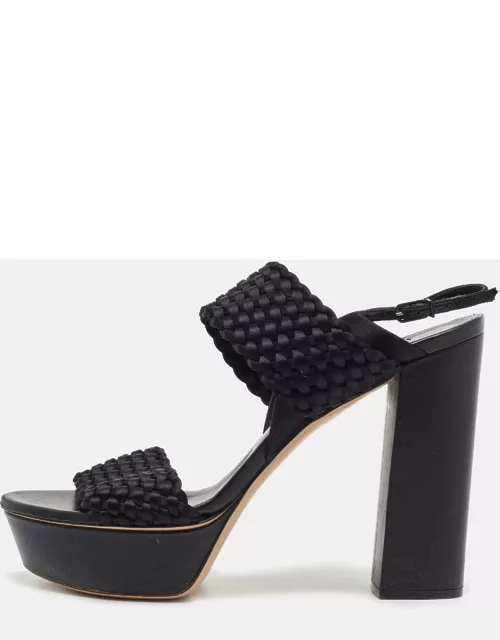 Casadei Black Woven Satin and Fabric Platform Ankle Strap Sandal