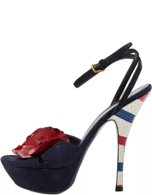 Yves Saint Laurent Navy Blue Suede Flower Embellished Ankle Strap Sandal