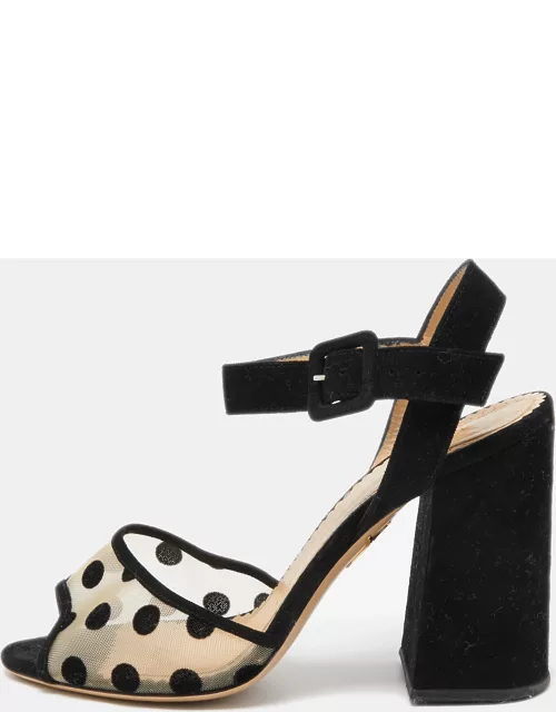 Charlotte Olympia Black Polka Dot Mesh and Suede Ankle Strap Sandal