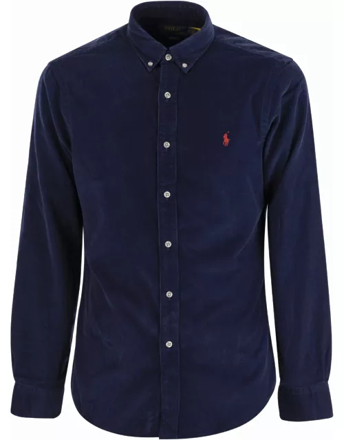 Man Slim Fit Shirt In Night Blue Fustian With Contrast Pony Polo Ralph Lauren