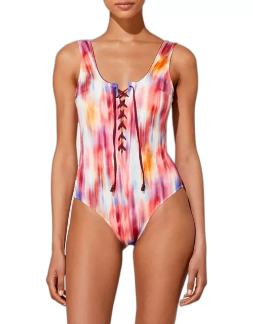 Ikat Flowers Lace-Up One-Piece Swimsuit