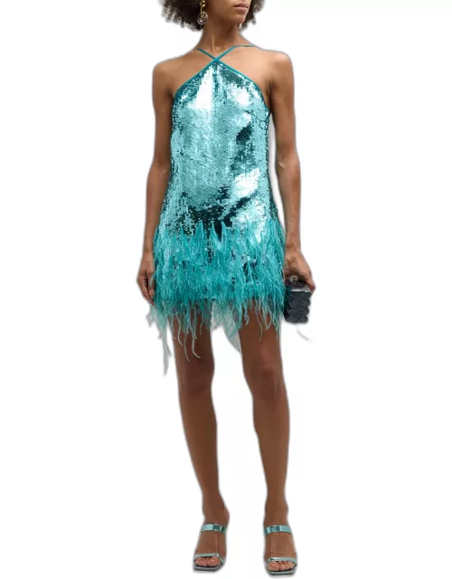 Solina Sequin and Feather Halter Mini Dres