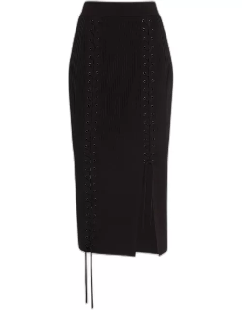 Helix Lace-Up Rib-Knit Midi Skirt