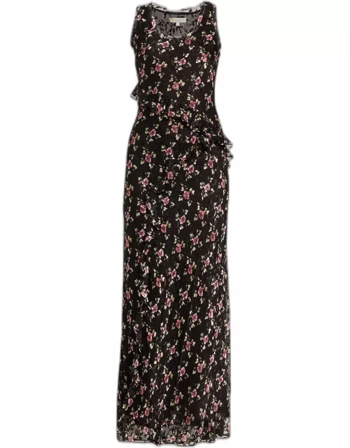 Thisbe Sleeveless Floral Burnout Ruffle Maxi Dres