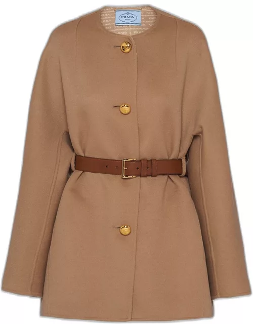 Double Wool Leather Belted Caban Jacket