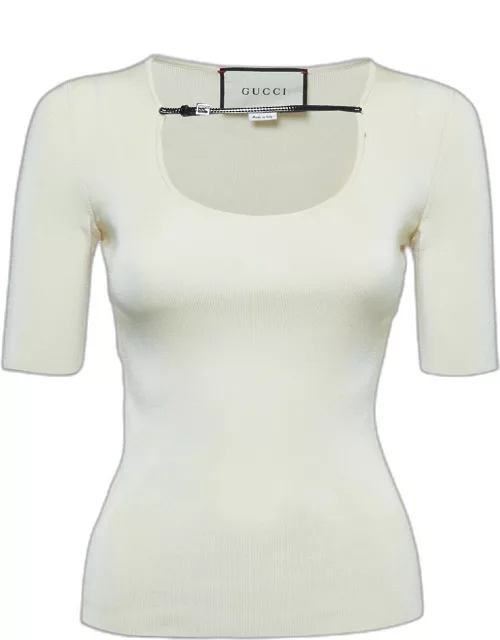 Gucci Cream Jersey Logo Detailed Neck Short Sleeve T-Shirt