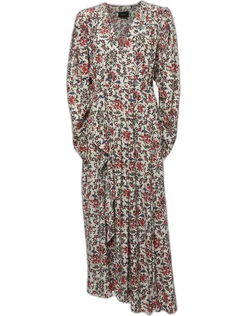 Isabel Marant Multicolor Floral Print Stretch Silk Ruched Sleeve Midi Dress