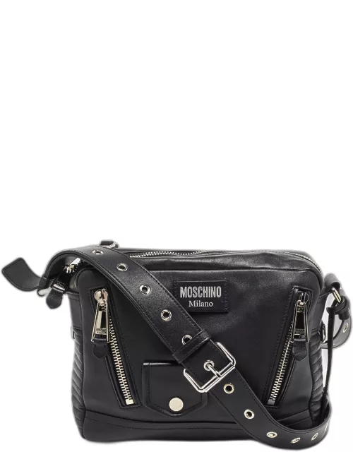 Moschino Black Leather Multi Zip Shoulder Bag