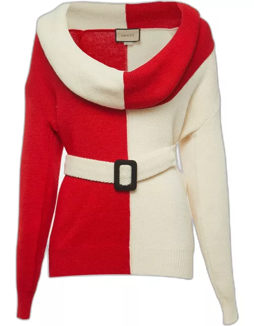Gucci Red/Cream Wool Knit Off Shoulder Belted Sweater