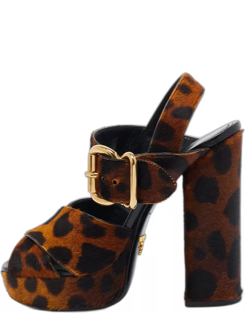 Prada Two Tone Leopard Print Calf Hair Platform Ankle Strap Sandal
