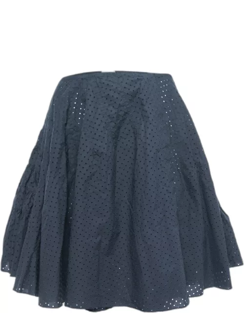 Alaia Navy Blue Eyelet Cotton Flared Mini Skirt