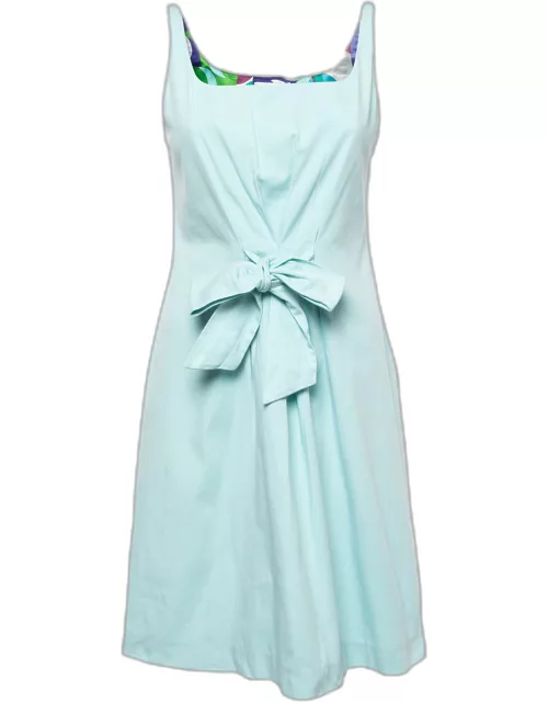 Emilio Pucci Light Blue Cotton Waist Tie Detail Sleeveless Mini Dress