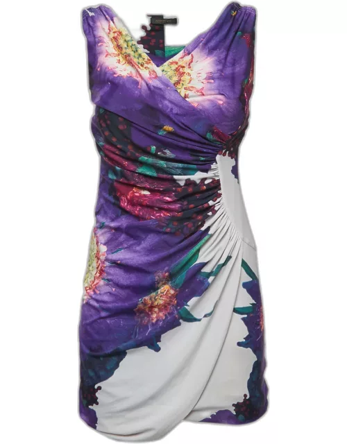Roberto Cavalli Multicolor Floral Print Jersey Draped Sleeveless Mini Dress