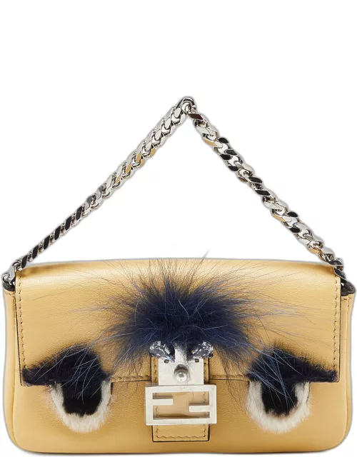 Fendi Yellow Leather and Fur Micro Monster Baguette Bag