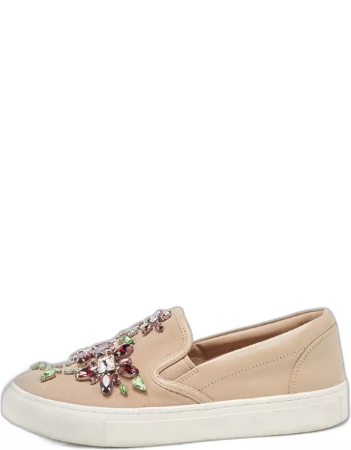 Tory Burch Beige Leather and Suede Crystal Embellished Slip On Sneaker