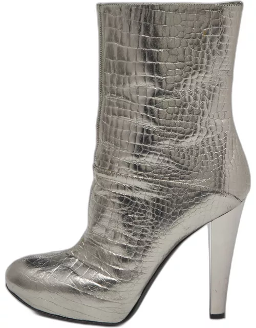 Casadei Silver Croc Embossed Leather Mid Calf Boot