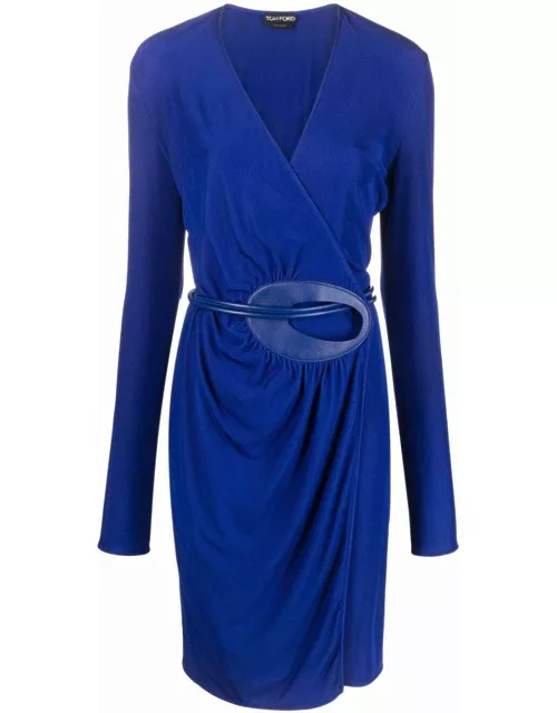 Long-sleeved belted wrap dres