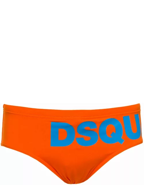 Dsquared2 Orange Swim Briefs With Printed Logo In Polyamide Man