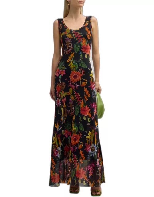 Sleeveless Floral-Print Tulle Maxi Dres