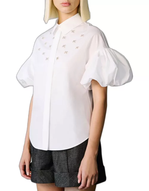 Crystal Short Puff-Sleeve Collared Shirt
