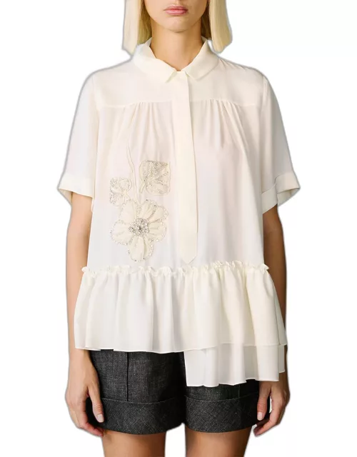 Flower Embellished Ruffle Short-Sleeve Collared Shirt