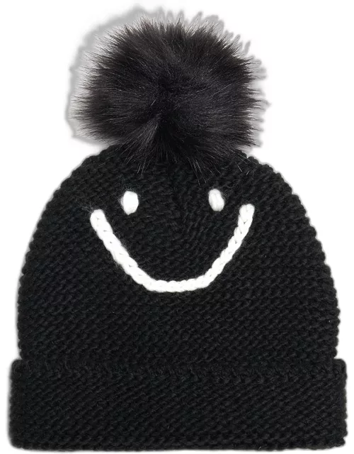 Waffle Knit Smile Beanie with Faux Fur Po