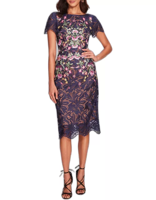Floral-Embroidered Lace Bodycon Midi Dres