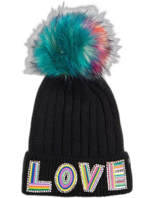 Love Knit Wool Beanie with Faux Fur Po