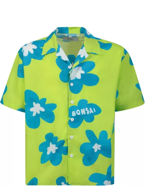 Bonsai Floral Print Lime Green/blue Bowling Shirt