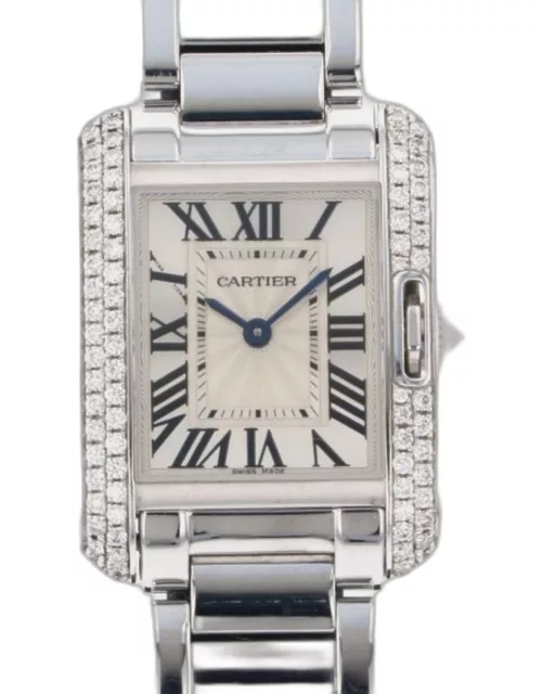 Cartier Silver Diamond 18k White Gold Tank Anglaise WT100008 Quartz Women's Wristwatch 23 m