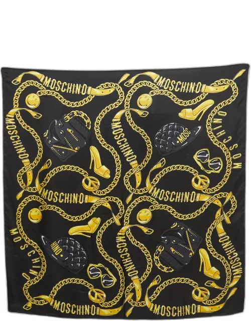 Moschino Black Chain Printed Silk Square Scarf