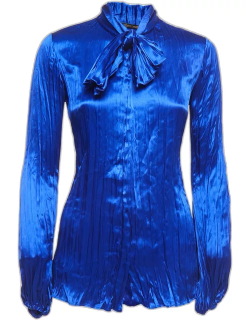 Roberto Cavalli Blue Satin Silk Pleated Tie-Neck Shirt