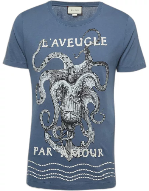 Gucci Blue Octopus Printed Cotton T-Shirt