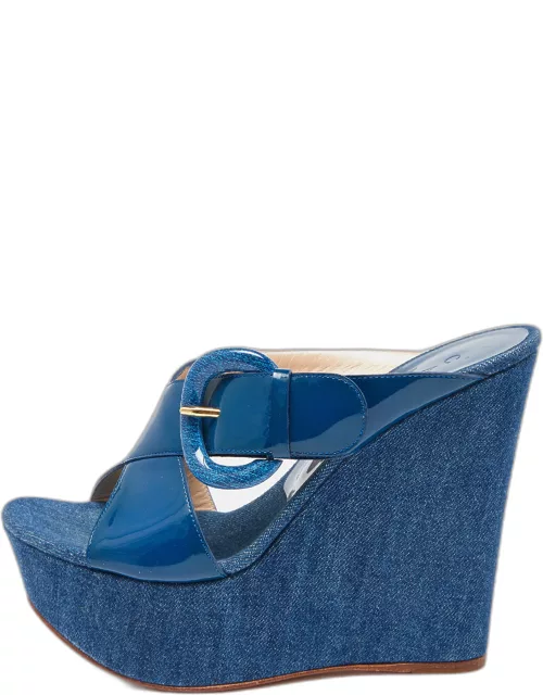 Casadei Blue Patent Leather Wedge Platform Slide Sandal