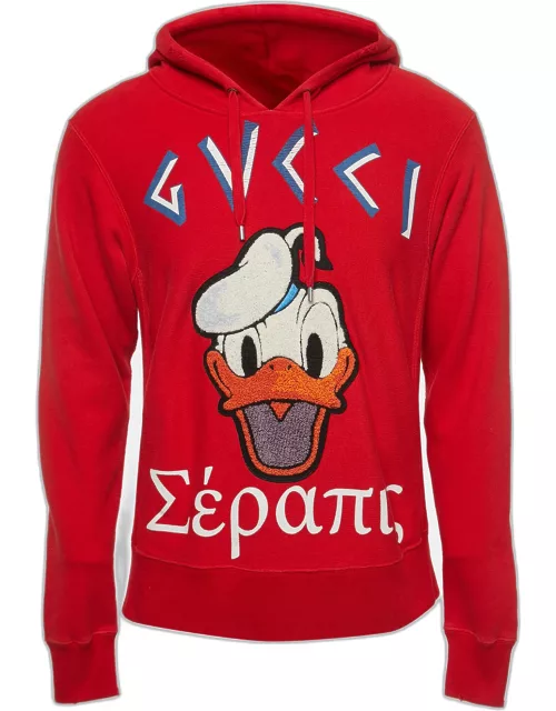 Gucci Red Distressed Cotton Donald Duck Patch Hoodie