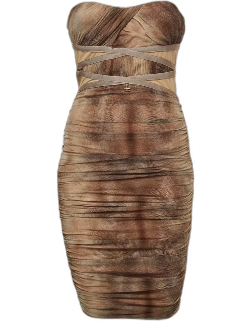 Elisabetta Franchi Beige/Brown Silk Corset Insert Ruched Strapless Mini Dress