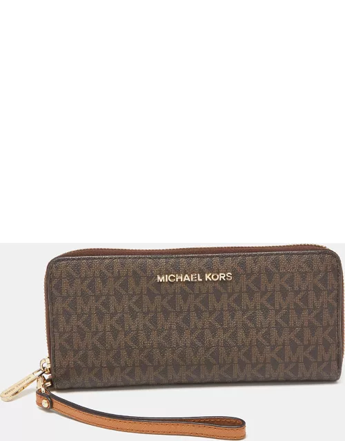 Michael Kors Brown Signature Coated Canvas Zip Around Continental Wallet