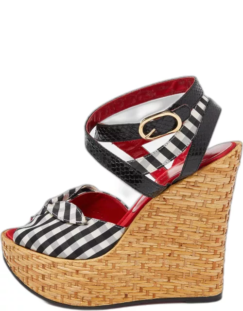 Dolce & Gabbana Black/White Checkered Fabric Ankle Wrap Wedge Sandal