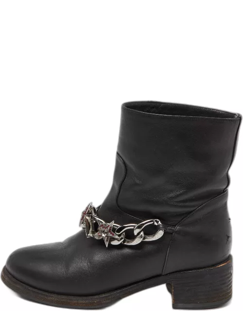 Le Silla Black Leather Embellished Chain Ankle Boot
