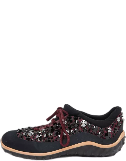 Miu Miu Black/Burgundy Embellished Fabric and Satin Astro Sneaker