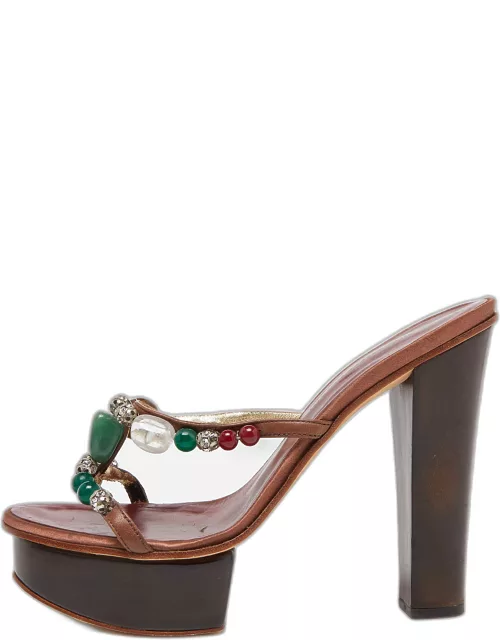 Guiseppe Zanotti Brown Leather Crystal Embellished Platform Slide Sandal
